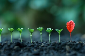 Vibrant red plant sprout among green seedlings in soil, diversity and uniqueness concept