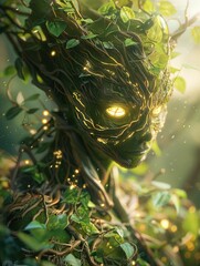 Wall Mural - macro shot of a glowing forest spirit, leafy appendages outlined with veins of light, eyes a deep, enigmatic glow amidst the foliage