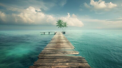 Wall Mural - A wide perspective of a holiday paradise, featuring a wooden jetty extending into turquoise waters, distant palm trees swaying in the soft light of a serene day.