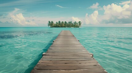 Wall Mural - A wide perspective of a holiday paradise, featuring a wooden jetty extending into turquoise waters, distant palm trees swaying in the soft light of a serene day.