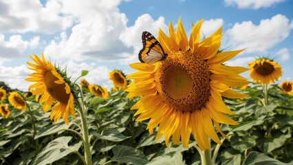 Sunflower with Butterfly in a Sunny Field 2