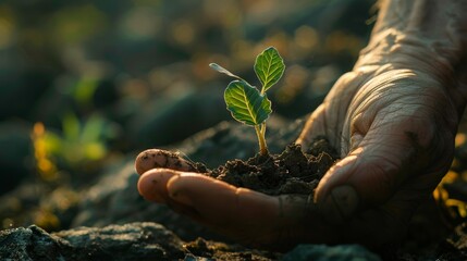 A close-up of a hand gently cradling a tiny plant sprout, highlighting the concept of nurturing and preserving new life in the environment.