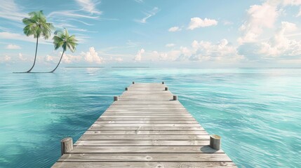 Wall Mural - A wide perspective of a holiday paradise, featuring a wooden jetty extending into turquoise waters, distant palm trees swaying in the soft light of a serene day.