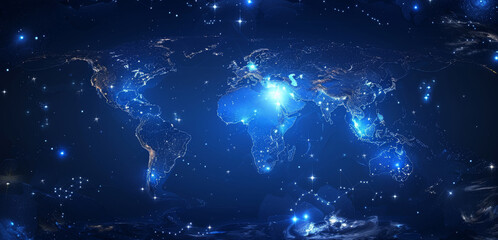 Poster - Dark blue pure background, shining stars on the world map, Asian plate in the middle position of the image, flat angle, no curvature of the Earth. Generative AI.