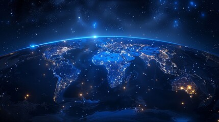 Poster - Dark blue pure background, shining stars on the world map, Asian plate in the middle position of the image, flat angle, no curvature of the Earth. Generative AI.