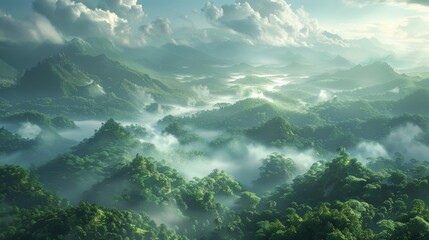 Wall Mural - A panoramic view of a mountainous landscape, covered in dense greenery, with mist rising from the valleys and a sense of peaceful solitude.