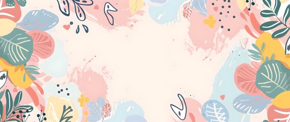 Pastel Geometric and Free Form Floral Cartoonish Border Design with Blank Space for Mockup or Background