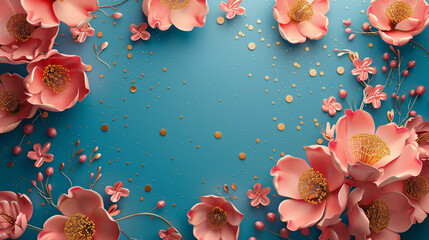 Groovy retro-style banner with pink and gold floral shapes on a blue background