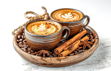 Two mugs of cappuccino with coffee beans and spices.