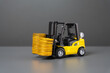 © Andrii Yalanskyi - Forklift and stacks of coins. Increase income in export of goods. Trade traffic increasing. Production rise. Growing transportation prices. Growth in profits. High shipping rates.