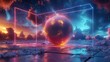 © visoot - A circular soccer space with a soccer ball and a nebula floating in the center of an iridescent cube. The scene is set against a dark background illuminated by neon lights. Generative AI.