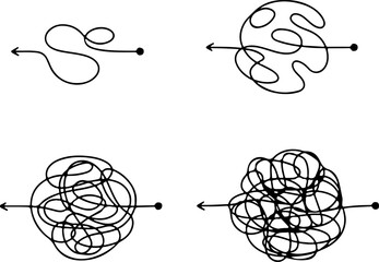 Icon set of chaos complex process. Chaotic line arrow lines hand drawn complex route curved scrawl path confused messy knot ravel tangle. Thin line icons flat vectors isolated on white background	
