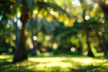 Wall Mural - Bokeh Outside. Blurred Green Park Background with Tropical Coconut Trees by the Beach