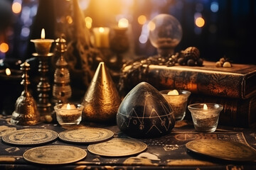 Egyptian magical items, esoteric concept, fortune telling and mysticism, tarot cards on a table, mystical atmosphere, ancient symbols. Generative AI