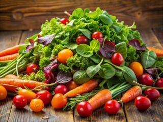 Wall Mural - Fresh and colorful pile of salad greens, tomatoes and carrots , Healthy, organic, vegetables, greens, farming, farm-to-table, nutritious, produce, vibrant, ingredients, raw, natural, garden