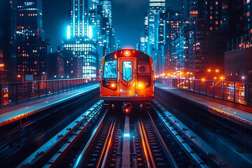 Wall Mural - Blurred motion of city lights at night, depicting high-speed urban travel by train or city metro..