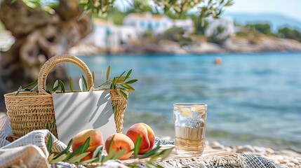 Summer vacation scene featuring a picnic breakfast on the beach with a straw basket, olive tree branches, a blank mockup card, a glass of water, and a peach fruit. The background is blurred