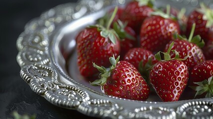 Wall Mural - Captured in macro, a silver plate brims with succulent strawberries, highlighting the bounty of seasonal fruits. 
