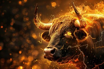 Majestic golden bull against a fiery digital background with sparks and light