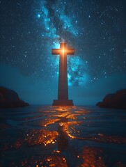 A colossal Corinthian cross monument gleams under a starry night sky, exuding an aura of surreal minimalism and sparklecore aesthetics.
