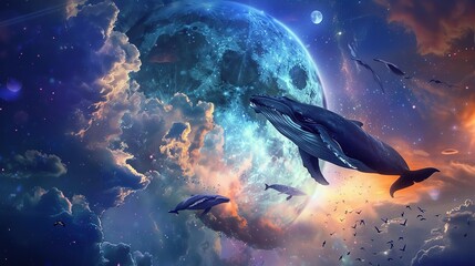 Wall Mural - Majestic whales soaring beneath a stunning cosmic sky with a full moon backdrop