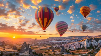 Landscape of fabulous Kapadokya with colorful hot air balloons flying in the sky at sunrise in Anatolia. Enjoy vacations in this beautiful destination in Goreme, Turkey. 