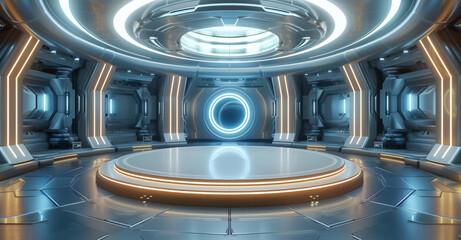 Poster - A Podium Technology futuristic background. Generative AI.