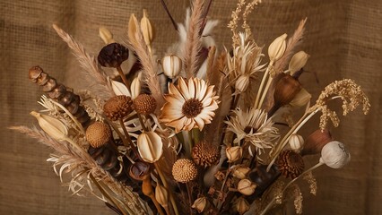 Bouquet of dry flowers on burlap background selective focus toned