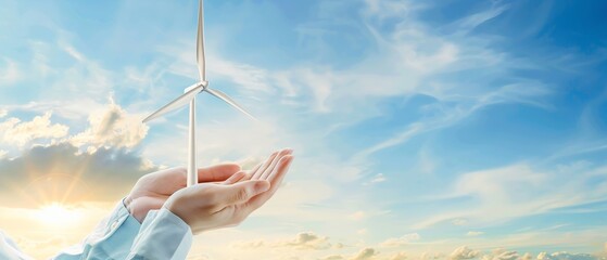 A detailed view of hands holding a wind turbine model against a backdrop of clear skies, symbolizing the conservation effort and the power of renewable energy in our hands.