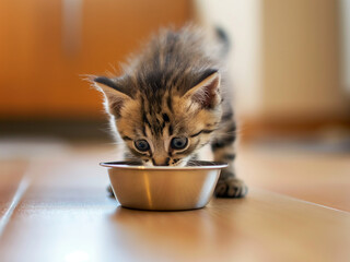 Wall Mural - cat eating food in a bowl