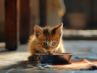 Wall Mural - cat eating food in a bowl