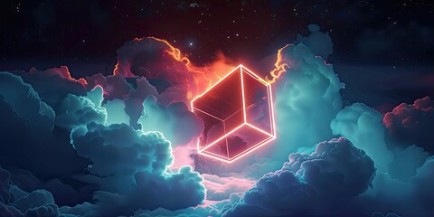 Wall Mural - a image of a neon cube in the clouds with a star in the background
