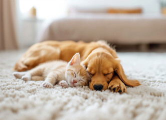 Wall Mural - a cute cat and dog sleeping together on a white carpet at home