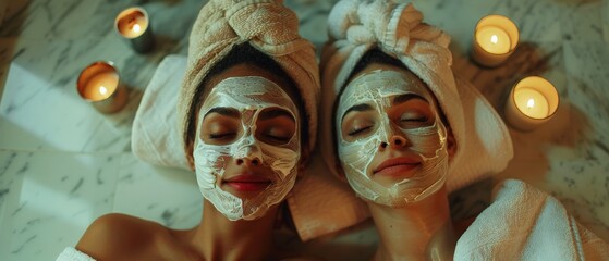 A close-up of a couple enjoying a relaxing home spa day, their faces covered in masks, wrapped in soft towels, creating a warm and peaceful mood.