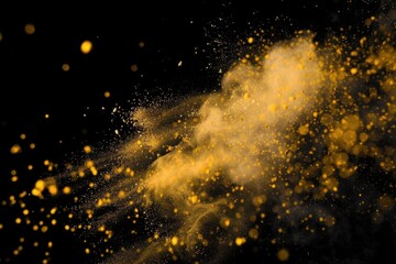 Wall Mural - A close-up shot of a yellow dust cloud hovering above a black background, ideal for use in abstract art or atmospheric scenes