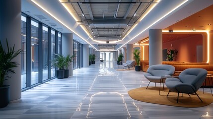 Aufkleber - The entrance of the co-creation facility, a stylish, modern interior. Generative AI.