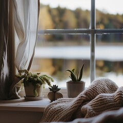 Wall Mural - Home window interior with plant. Room design indoor, green decorative house pot. White nature, beautiful flower leaf style. Wooden furniture wall, sunlight background light.