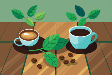 Wall Mural - Still life with elements of coffee theme. In the center of the frame is a blue coffee cup filled with black coffee, standing on a saucer on a wooden table. 