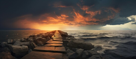 Wall Mural - Stone pier at sunset with storm clouds in the background, providing a dramatic copy space image.