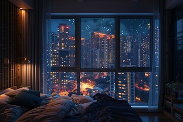 Wall Mural - Night city architecture, modern urban building view. Business window skyscraper light. Apartment house cityscape, dark tower sky. Travel residential downtown skyline,