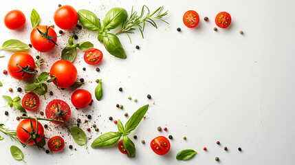 Wall Mural - Fresh tomatoes and basil with spices on a white background. Copy space. Generative AI	