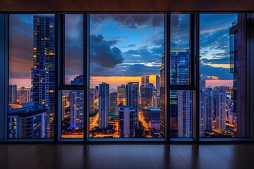 Wall Mural - Skyscraper city at night with urban architecture and cityscape skyline. Modern building downtown, sky and business tower. Blue Asia apartment light and reflection in landscape