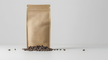 Poster - A kraft paper coffee bag standing on a white background with coffee beans scattered in front, perfect for showcasing packaging design and branding.  mockup