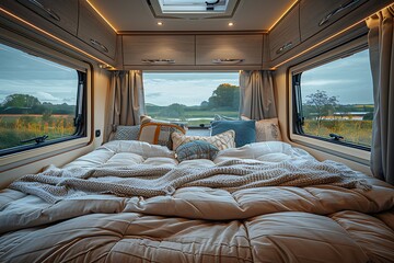 Poster - interior of the bedroom in the motorhome. Places to sleep in a camper van.