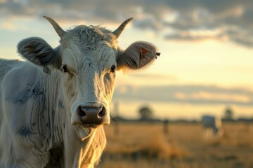 Poster - Tranquil cow with a fly on its head against a soft sunset backdrop in the countryside