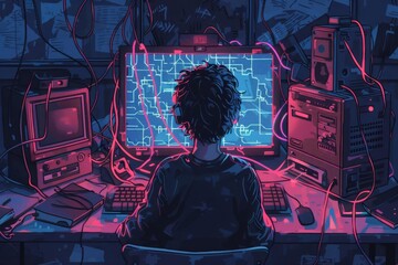 Person immersed in blue and pink lit computer setup, reflecting modern technology and programming environment.