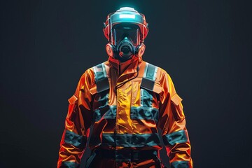Person wearing protective suit and helmet with a gas mask standing in dark background, illuminated by colorful lights.