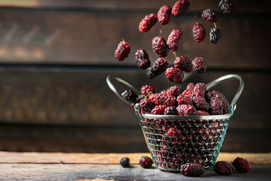 mullberries in a basket on a table