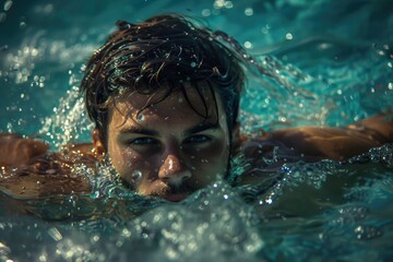 Wall Mural - A person swimming in a pool while holding a frisbee, perfect for sports or leisure illustrations