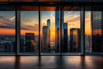 Wall Mural - Urban city skyscraper, modern architecture and skyline. Business buildings with sunset view, downtown office towers. Travel and cityscape landmarks, aerial landscape,
